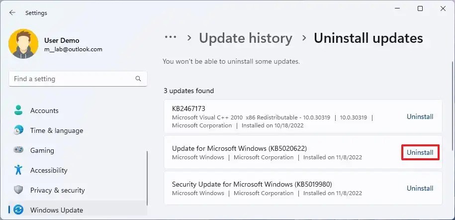 Windows 11 uninstall update