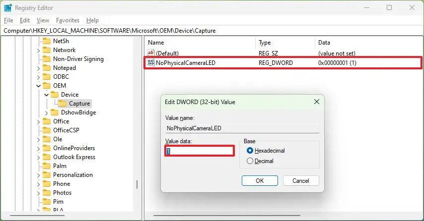 Camera indicator regedit enable