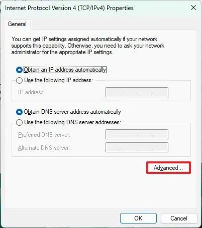 TPC/IPv4 Advanced settings