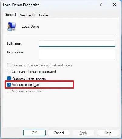 Computer Management disable account