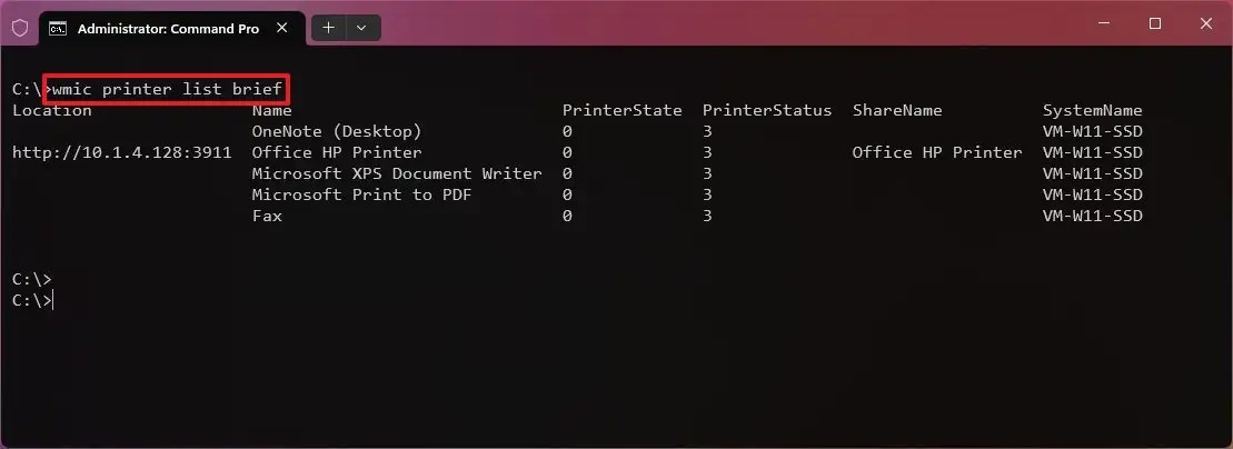 Command Prompt view all printers