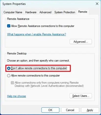 Control Panel disable Remote Desktop