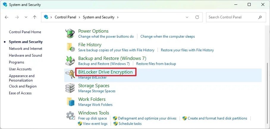 BitLocker Drive Encryption in Control Panel