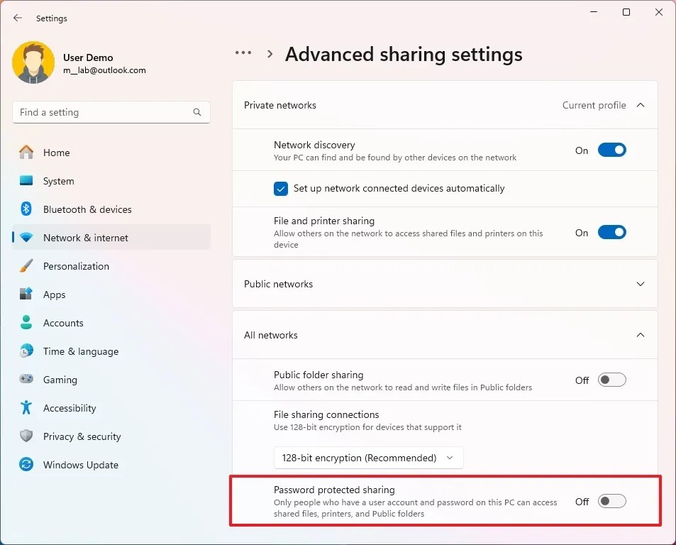 Disable password protected sharing