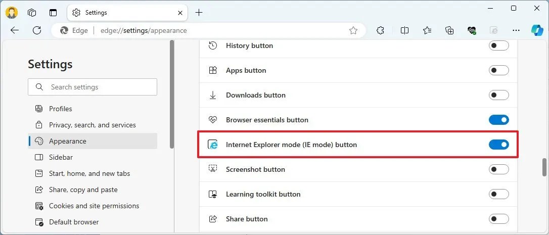 Enable IE mode button