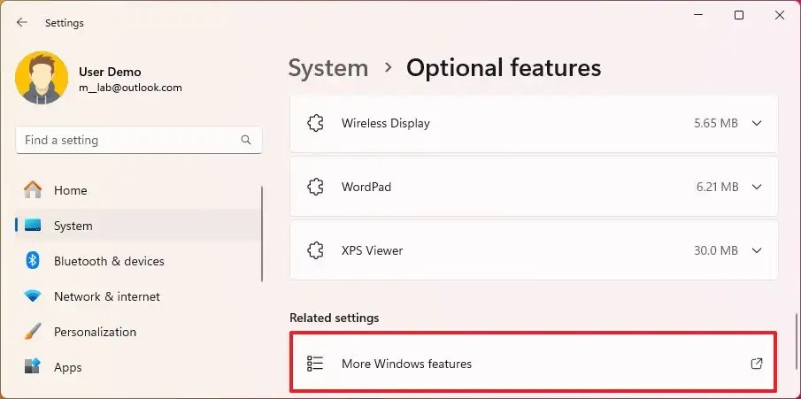 Open Windows features settings
