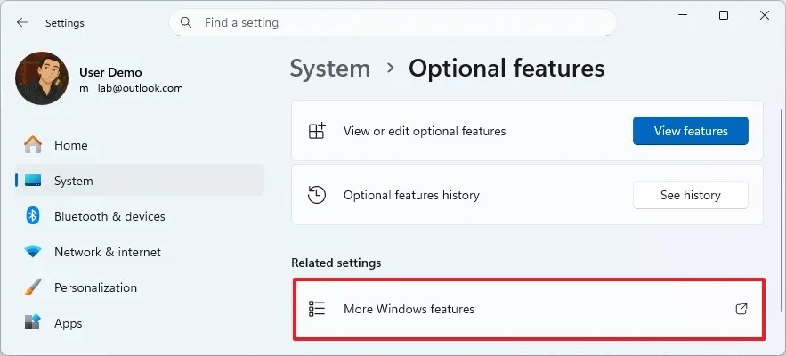 Open Windows feature settings