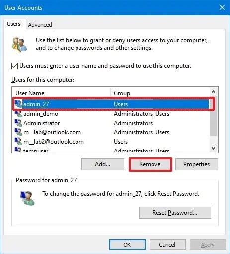 netplwiz remove local account