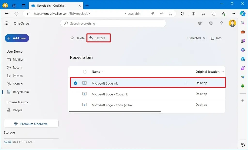 OneDrive file restore