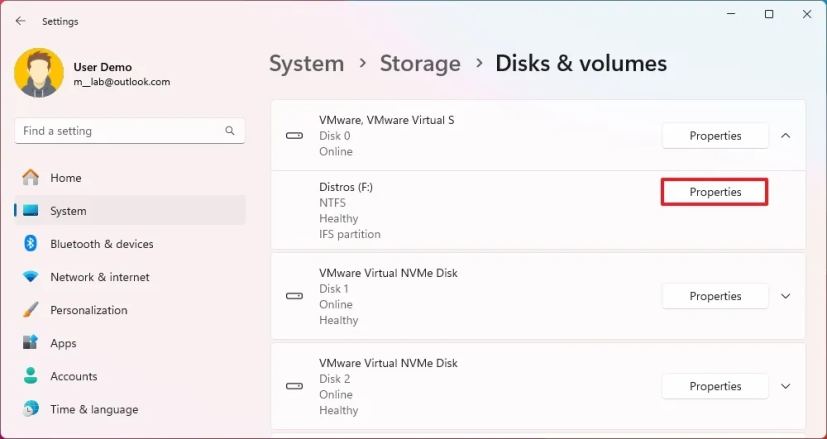 Settings open drive properties