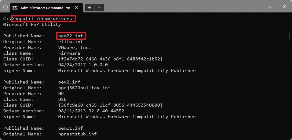 Pnputil list installed drivers command