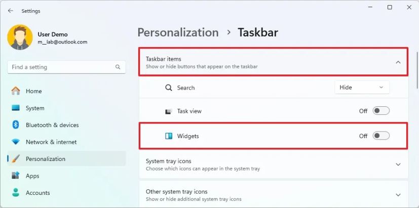 Windows 11 Taskbar remove widgets