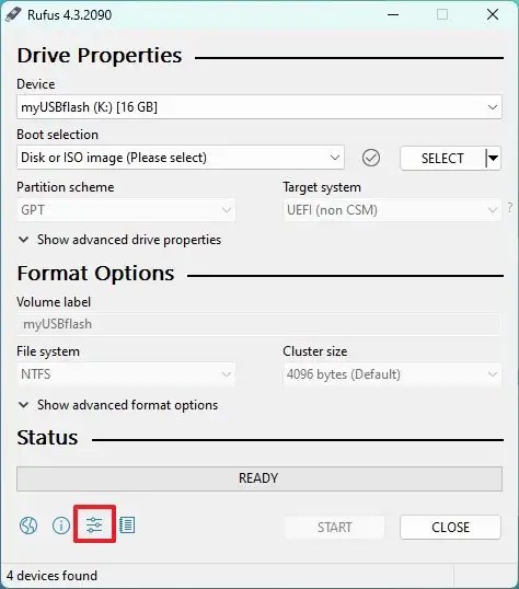 Rufus open update settings