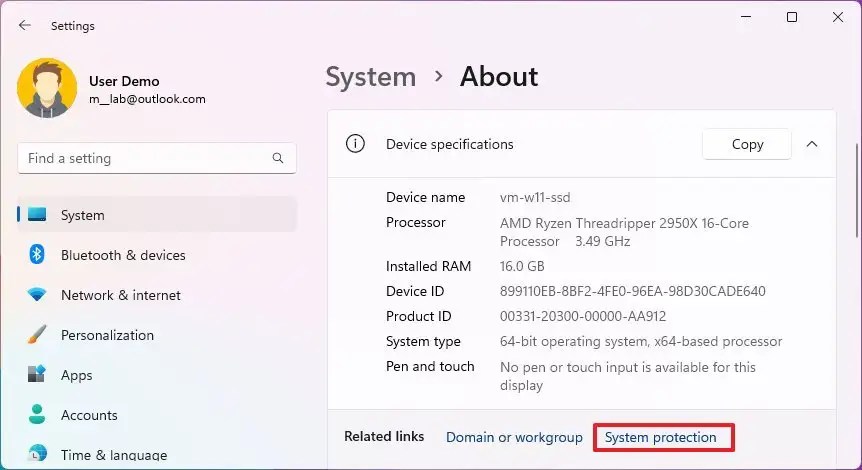 Configurações abrem Proteção do Sistema