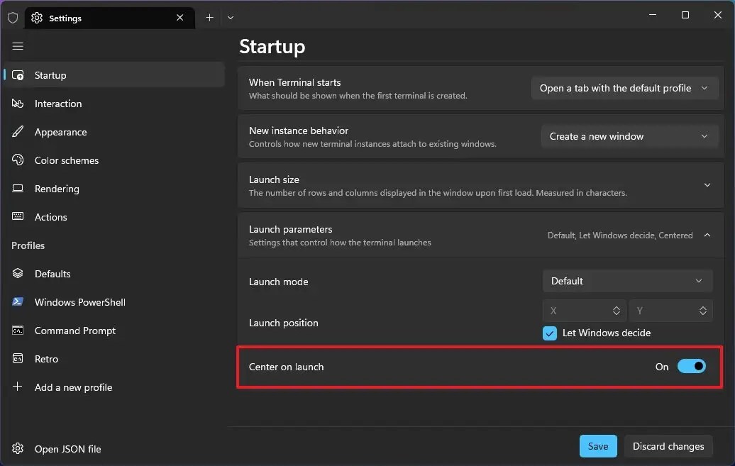 Windows Terminal enable center launch