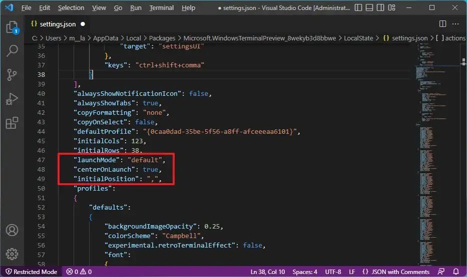 Terminal json code always open center