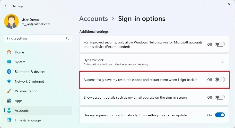 Disable restartable apps on Windows 11