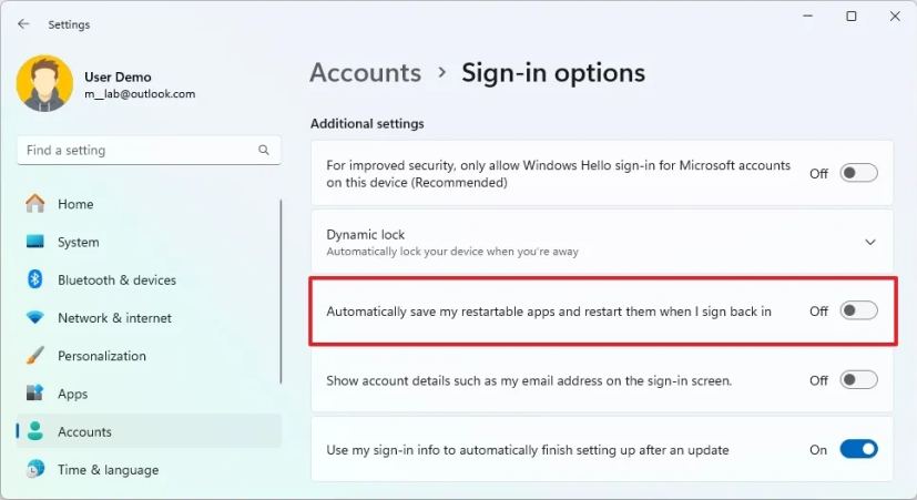 Disable restartable apps on Windows 11