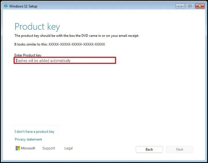 Windows 11 Setup enter product key
