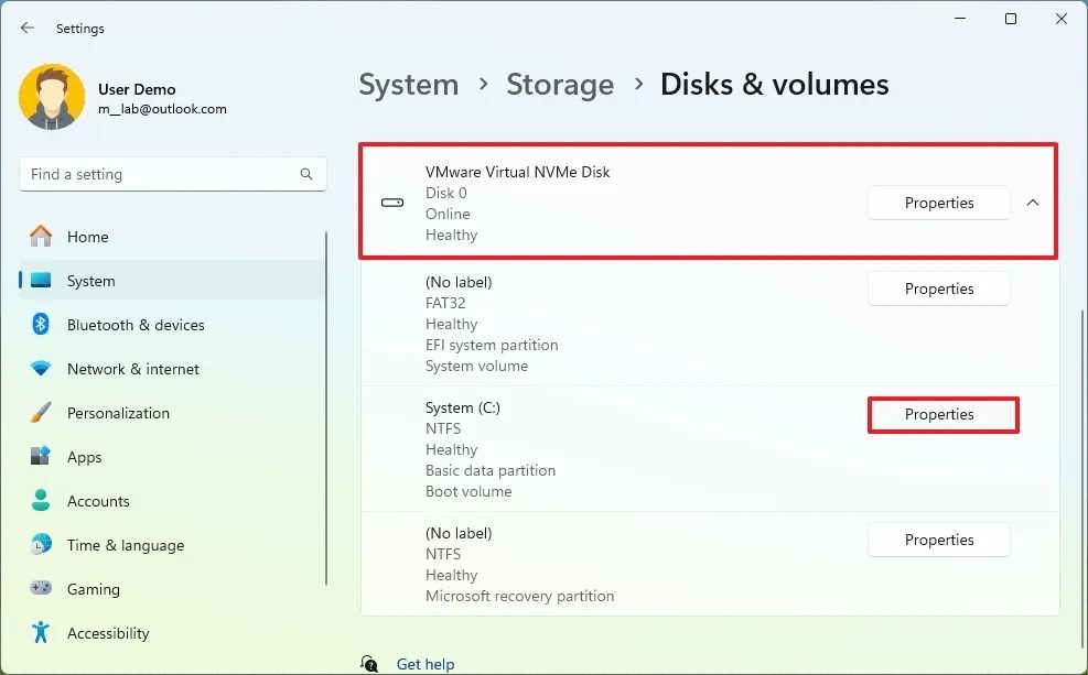 Settings app drive properties
