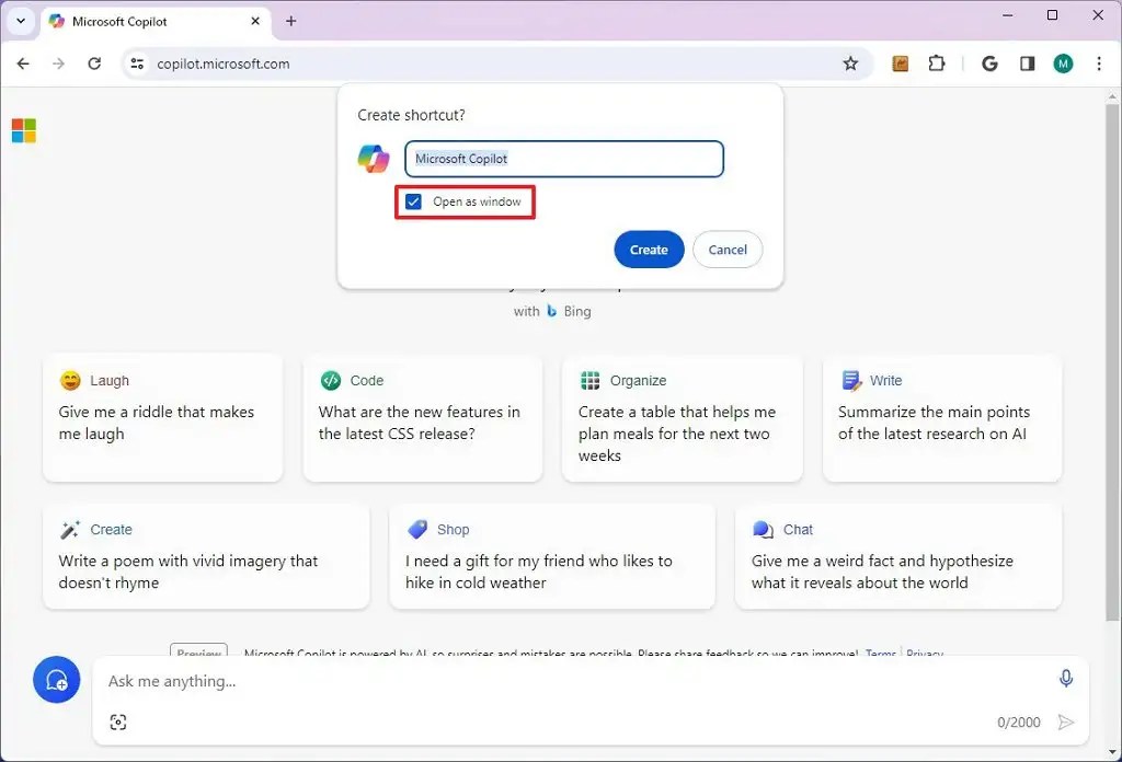 Chrome app install open as window option