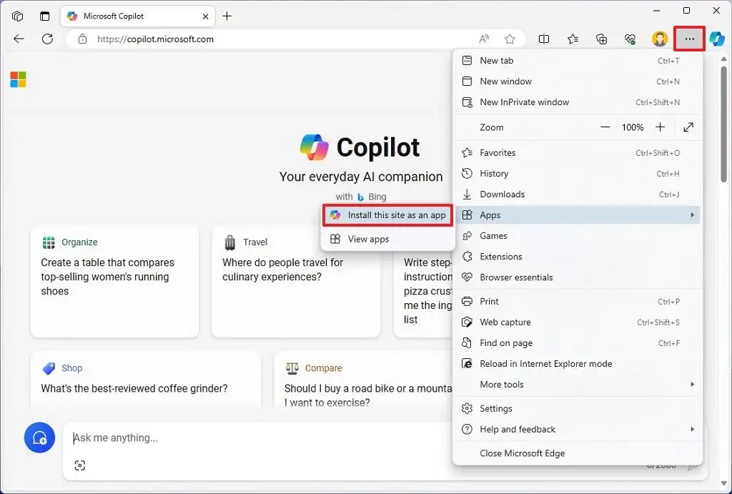 Copilot app install on Edge