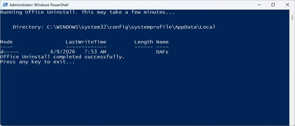 PowerShell screen success uninstall Microsoft 365 or Office