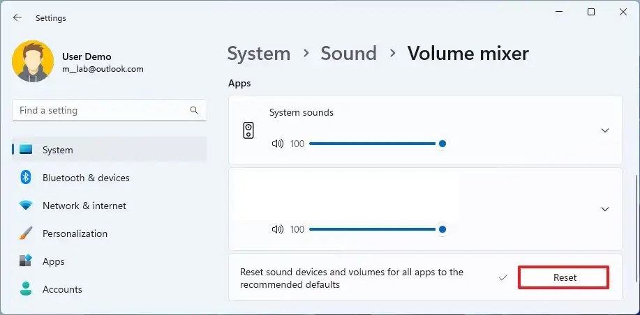 Reset volume settings