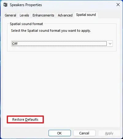 Spatial sound restore defaults