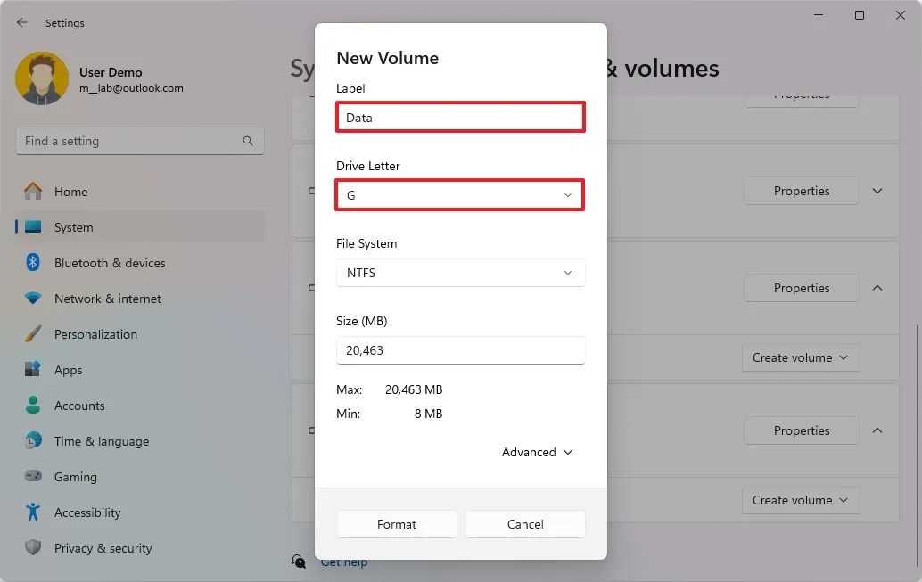Windows 11 new partition settings