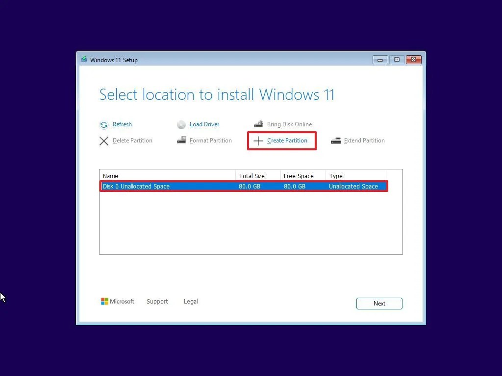 Windows 11 setup create partition option