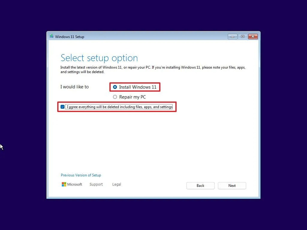 Windows 11 setup clean install option