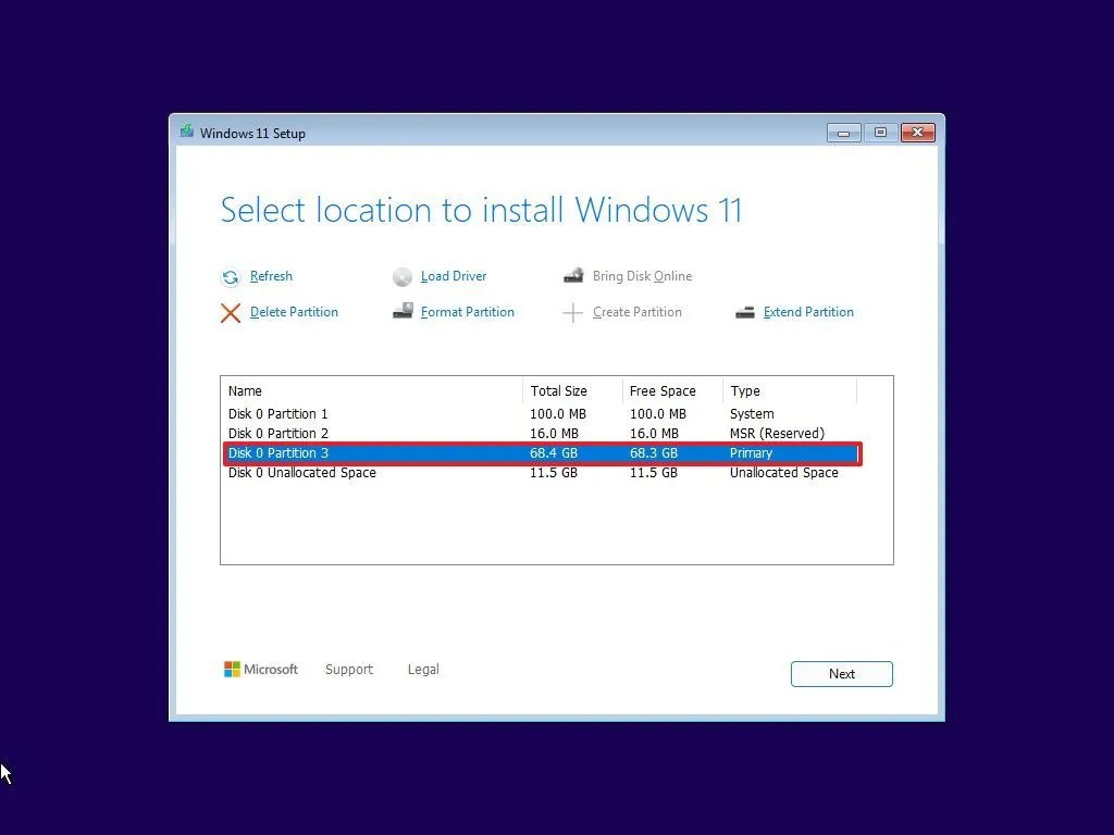 Windows 11 setup custom primary partition