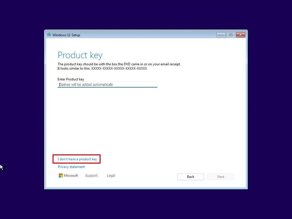 Windows 11 setup skip product key