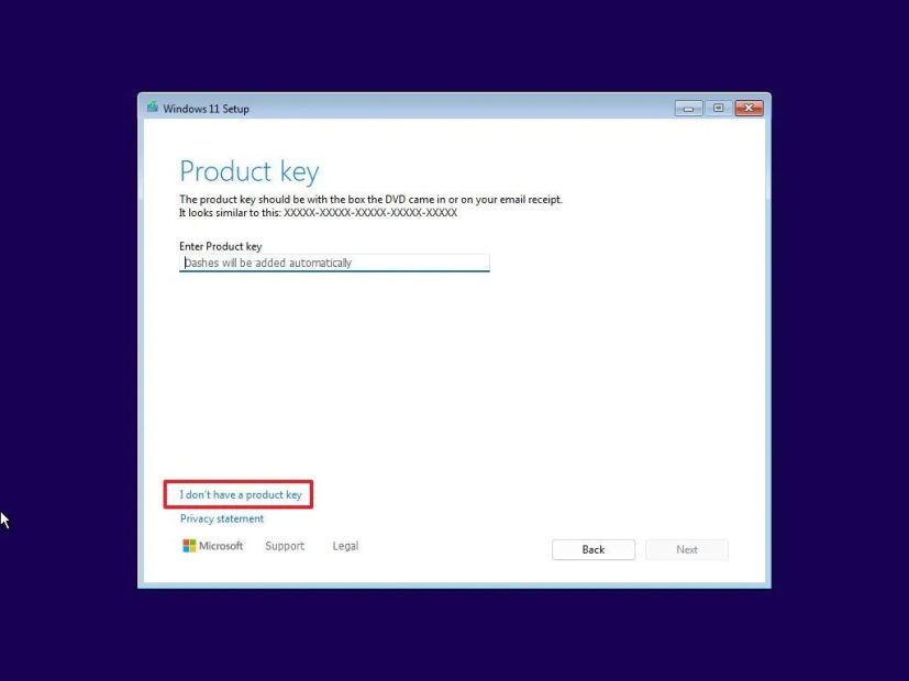 Windows 11 setup skip product key