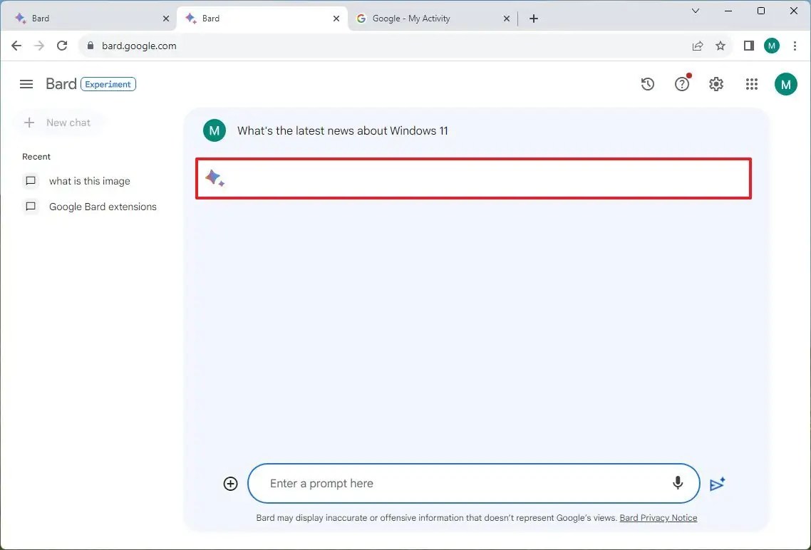 Google Bard processing answer