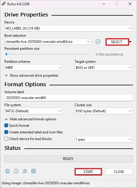 Clonezilla USB bootable media using Rufus