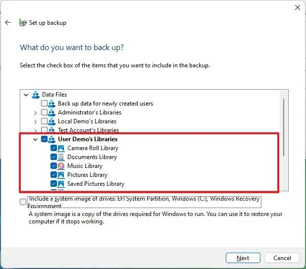 Windows Backup file selection