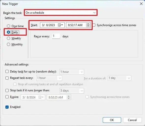 Cài đặt lịch trình của Trình lập lịch tác vụ