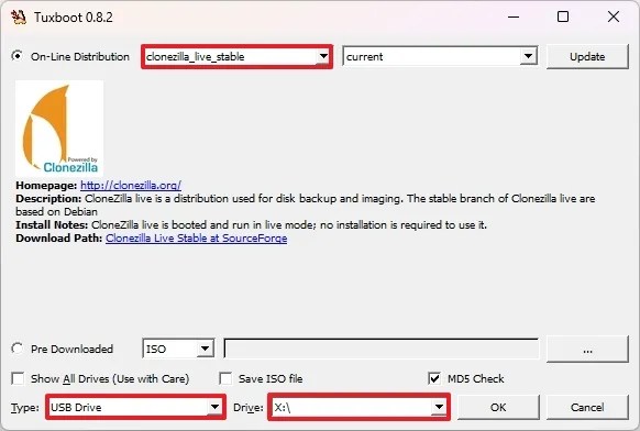 Create Clonezilla USB with Tuxboot