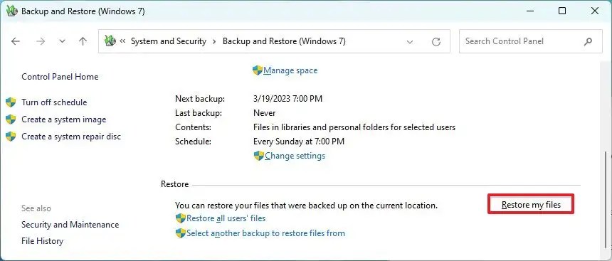 Windows Backup restore files option