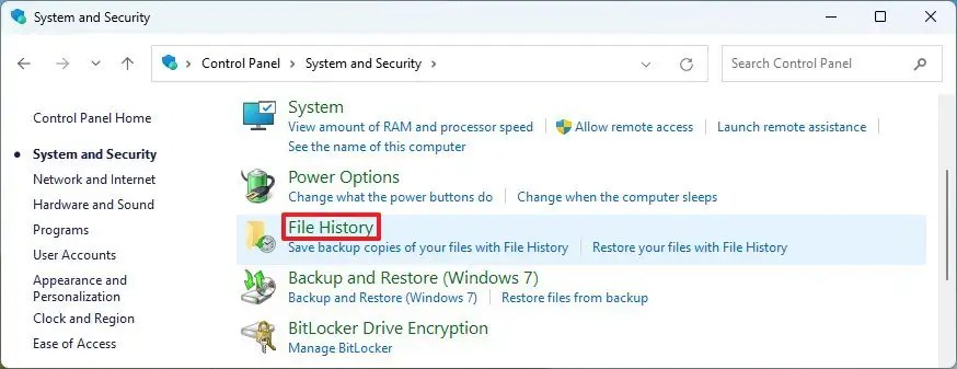 Opção Histórico de arquivos do painel de controle
