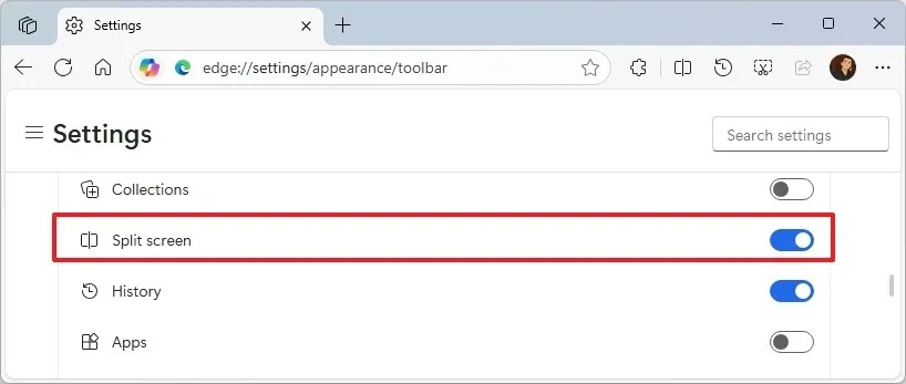 Microsoft Edge enable Split screen