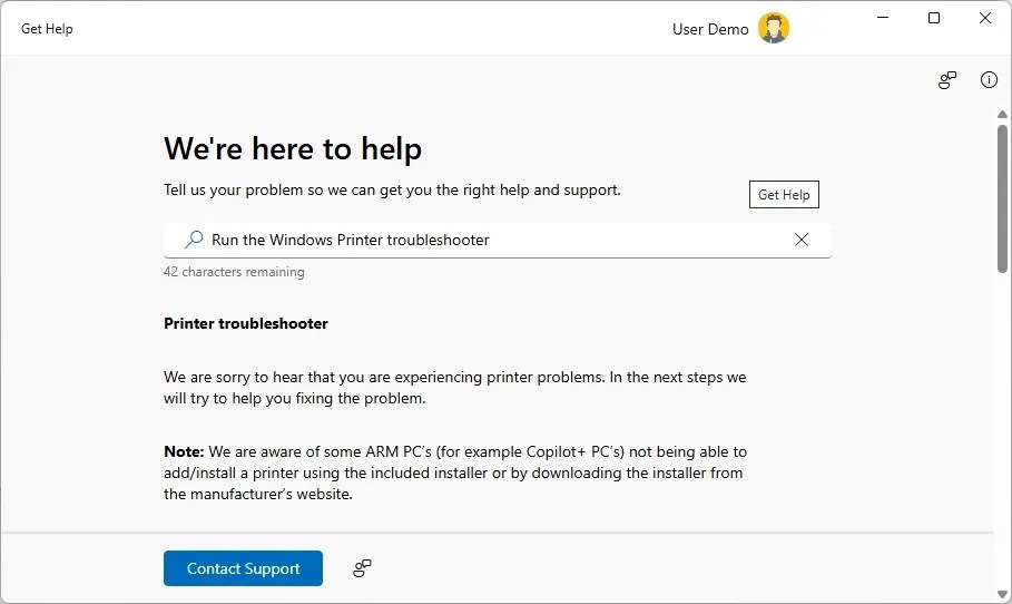 Get Help printer troubleshooter