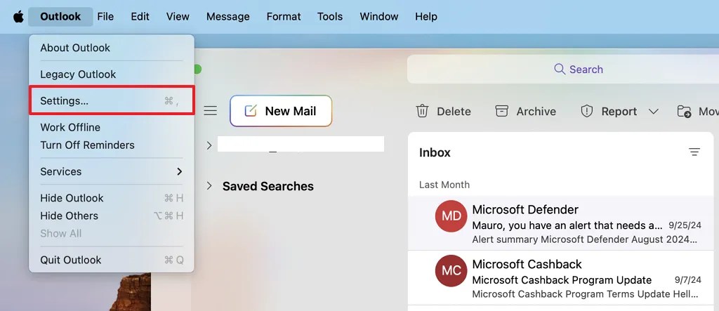 Outlook for macOS open Settings