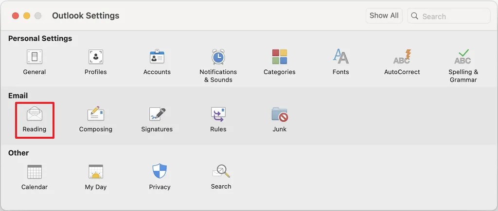 Outlook for macOS open Reading settings