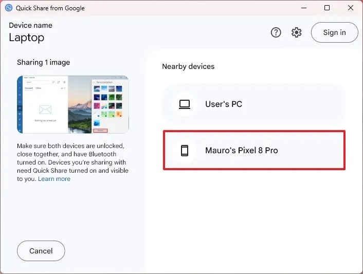 Quick Share select Android