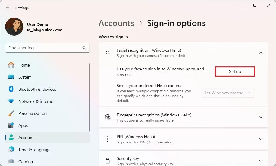Windows Hello face setup