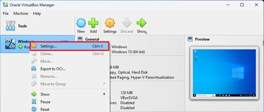 VirtualBox VM context menu