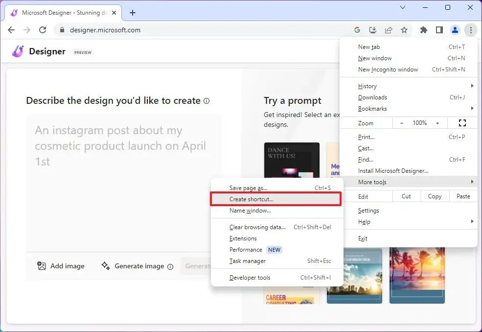 Google Chrome install Microsoft Designer app